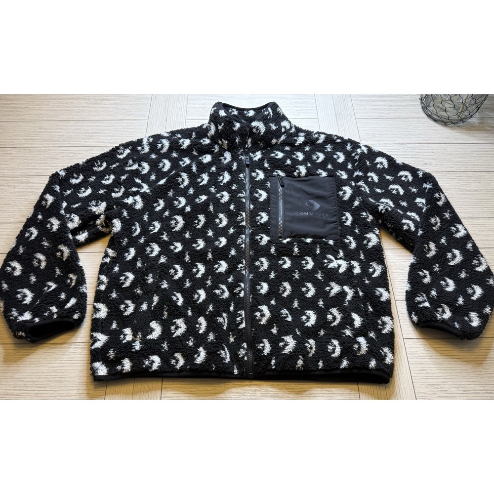 NWT Converse Women Black Logo Patterned Fleece Teddy Full Zip Jacket L MSRP $120